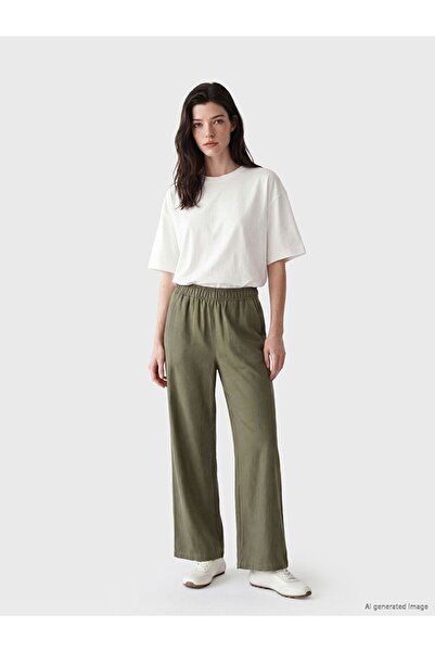 LC Waikiki Lcw Comfort Khaki Elastic Waist Linen Blend Women's Trousers