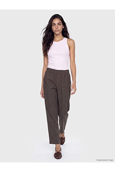 LC Waikiki Lcw modest brown elastic waist linen blend women's pants