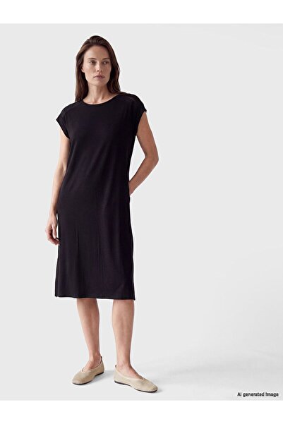 LC Waikiki Lcw Grace Black Crew Neck Dress with Embroidery Detail