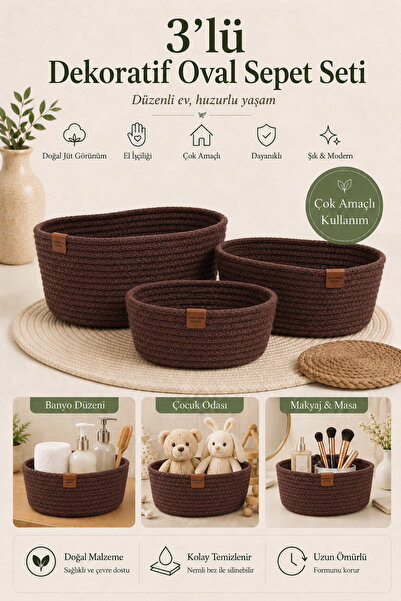 Fabrix Home 3-Piece Oval Decorative Cotton Basket Set Brown Color Multi-Purpo...
