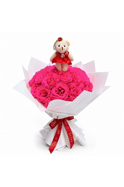 velve Buchet Pink Sparkle cu 25 trandafiri artizanali fucsia cu sclipici si u...