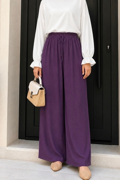 İmajButik Mor Bel Lastikli Bol Paça Pantolon