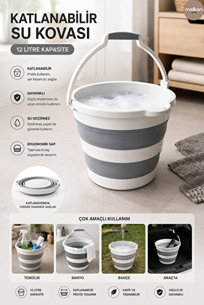 Melkan Home Katlanabilir Su Kovası 12 Litre – Çok Amaçlı Katlanır Temizlik Ko...
