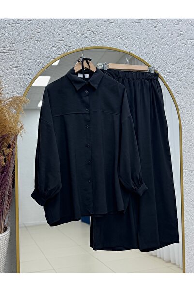 Holehola Aliye Low Sleeve Oversize قماش مودال Cupra بدلة مع بنطلون -EK480.2 أسود