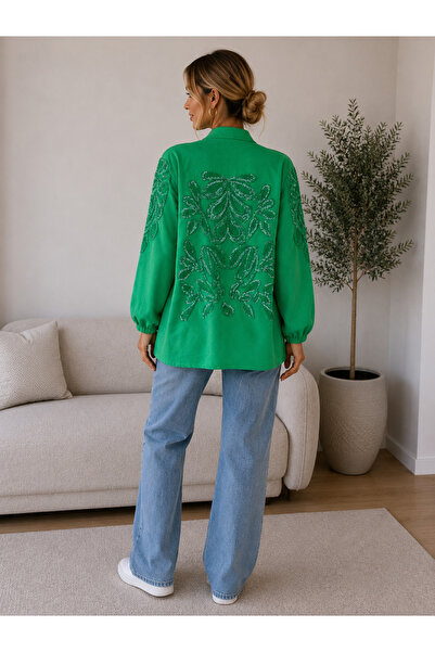 RETTROOHOUSE Kadın Payet İşlemeli Yeşil Kimono Ceket