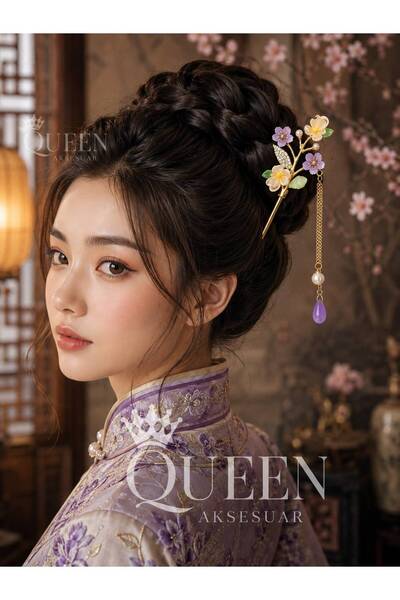 QUEEN AKSESUAR Chinese Hairpin 18 cm Purple Floral Stone Pearl Chain Pendant ...