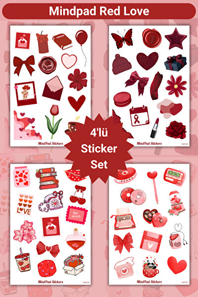Mindpad Kırmızı Aşk Temalı 4'lü Sticker Seti – Vintage, Elegance, Bright ve S...