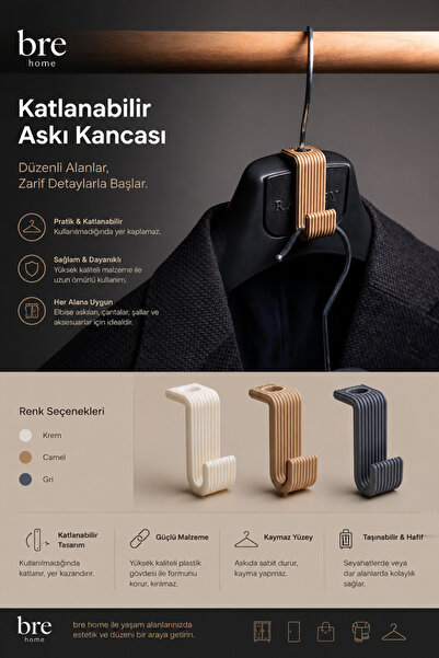 BRE HOME Beyaz Katlanabilir Askı Kancası Dolap Düzenleyici Askılık Çanta Şal ...