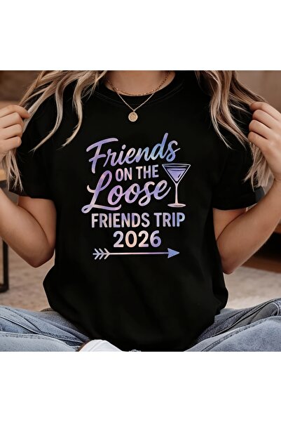 LİNA06 تي شيرت نسائي بطباعة حروف 'Friends on the Loose' و'FRIENDS TRIP 2026'،...