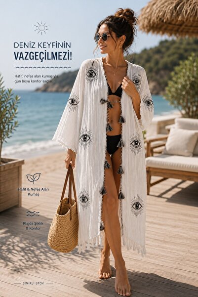 Stilol Kadın Uzun Plaj Kimonosu Desenli Salaş Pareo Mayo Bikini Üstü Bohem Ya...