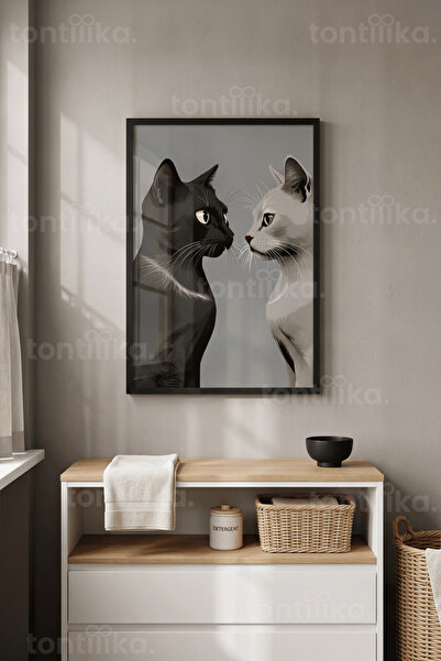 Tontilika Kedi Çiftleşmesi Minimalist 1. Kalite Ahşap Çerçeveli Tablo