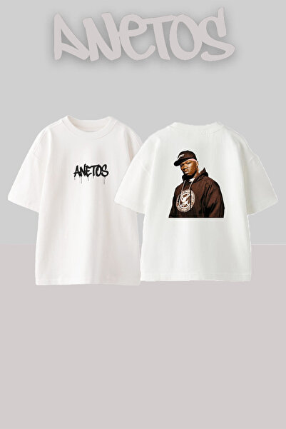 Anetos تي شيرت أبيض كبير الحجم مطبوع بتصميم 50 Cent_29 للجنسين