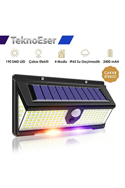 TeknoEser 190 SMD LED Solar Bahçe Lambası - 4 Modlu Çakar Efektli Hareket Sen...