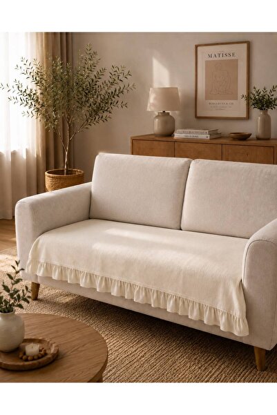 Luxoras Home Keten Fırfırlı 2 Kişilik Koltuk Örtüsü Dekoratif Bohem Kanepe Çe...