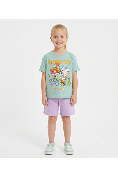 LİTTLE TORTOİSE Girl's Colorful Crew Neck T-Shirt and Pocket Shorts Set