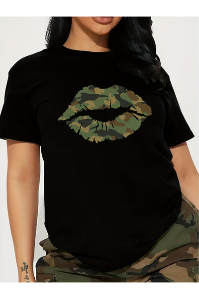 23 nisan Women's Camo Lip Print Tee - Soft, Short Sleeve Crew Neck, Breathabl...