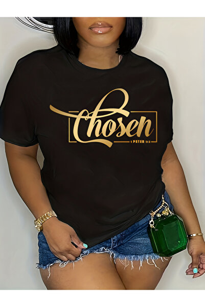 LİNA06 [Cozy Comfort] تي شيرت بطباعة "Chosen" - أسود كاجوال مع طباعة ذهبية بخ...