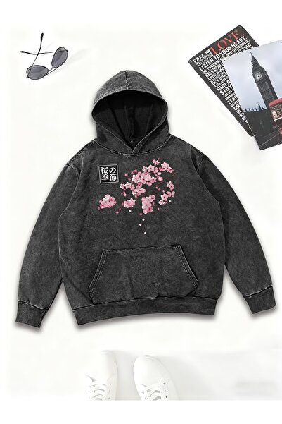 Touz Moda Sakura Retro Printed Vintage Hooded Sweatshirt