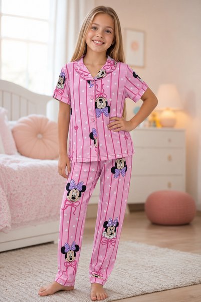 Enie Girl's Pink Character Patterned Summer Pajama Set + Eye Patch