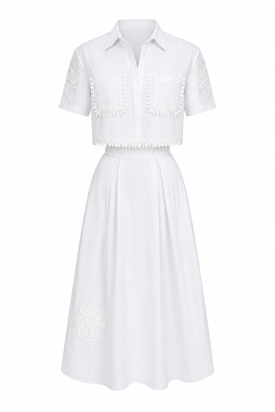 HAZELANNA Lace and Embroidered White Double Set