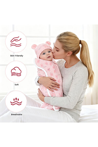 HI-FINE 100% Cotton Newborn Swaddle Sleep Sack With Bear Hat 2 Sizes Anti-sta...