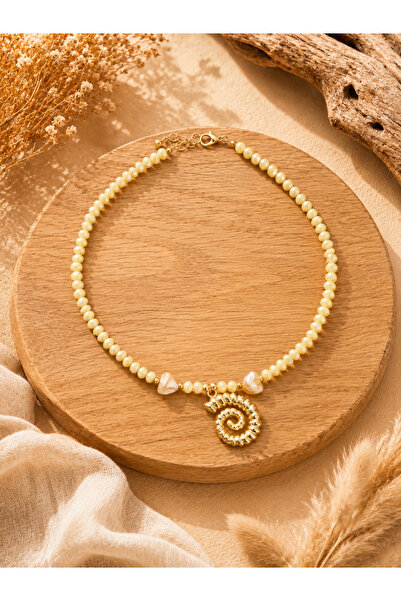 Marka Gold Sea Shell Tip Yellow Crystal Beaded Summer Women's Necklace