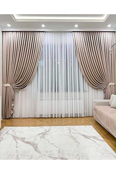 LOUIS DESIGN YSK Set Draperii Catifea Crem Inchis + Perdea Triplu Voal Albă
