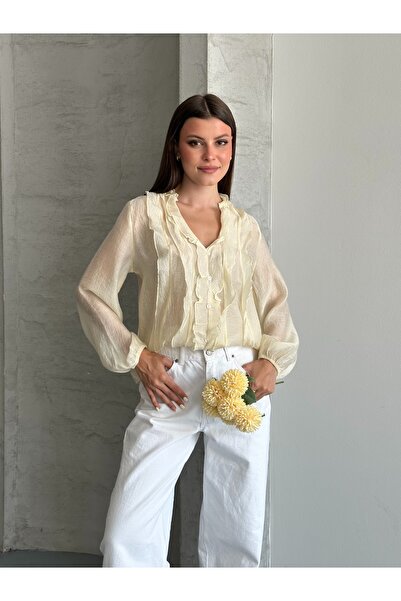 solena sln Bluză de damă cu volane, transparentă, din organza, cu decolteu în...
