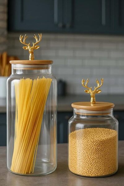 Yıldızan Msa Shop 2-Piece Gold Metal Deer Figured Glass Jar with Bamboo Lid –...