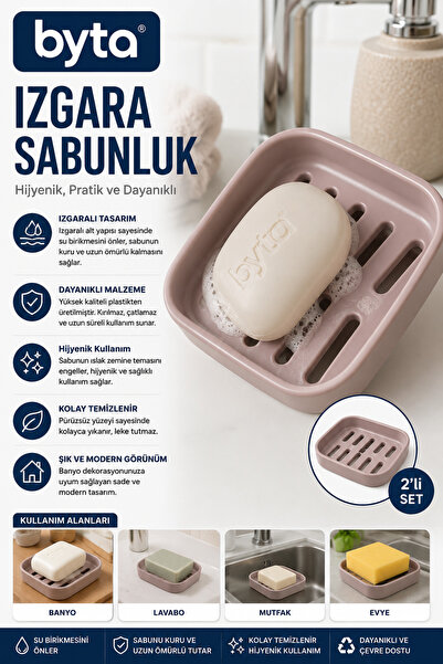 BYTA 2'li Izgaralı Sabunluk – Su Tahliyeli Plastik Sabun Kabı | Banyo, Lavabo...