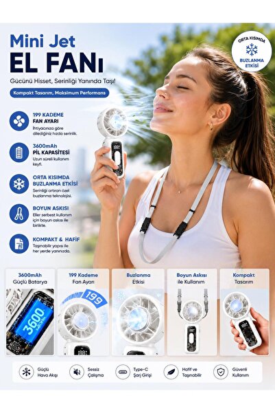 kawigo Mini Jet El Fanı Soğutucu 3600mAh Şarjlı Taşınabilir Boyun Askılı Soğutucu 199 Kademeli Turbo Fan Type-C USB Soğutucu