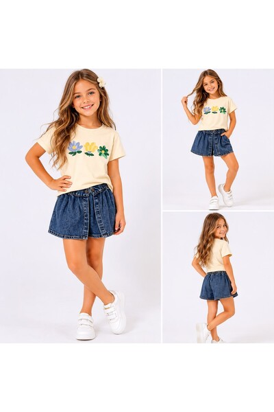 CoolCix Denim Shorts Skirt and Floral Print T-Shirt 2-Piece Set