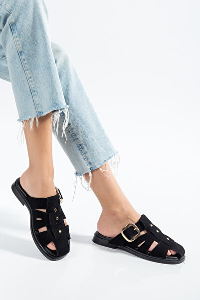derim shoes Women's Black Cage Strap Buckle Casual Summer Slippers
