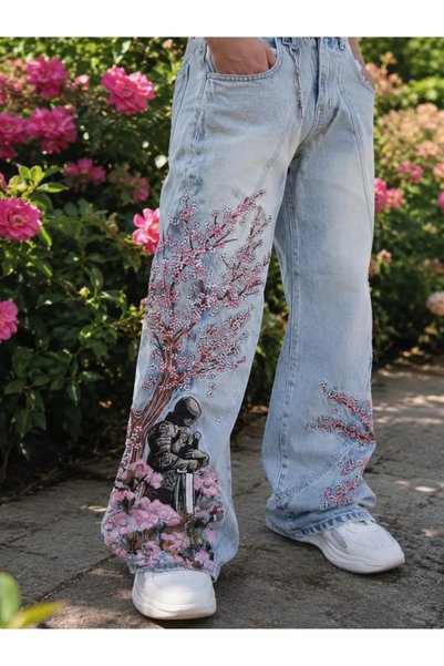 Yukatay Blue Sakura Knight Embroidered Y2K Unisex Baggy Pants