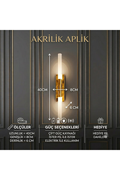 PareysHome Akrilik LED Aplik 40 cm Gold Duvar Apliği Pilli ve Elektrikli Kull...