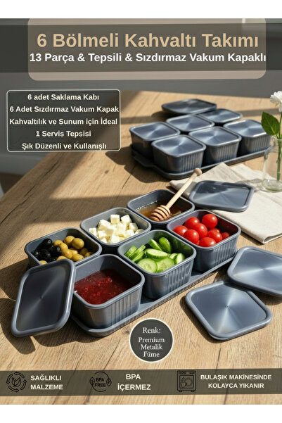 VİLORA HOME 13 Parça Vakum Kapaklı Kahvaltılık Seti - Tepsili 6 Bölmeli Düzen...