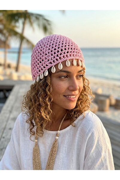 alinastore Seashell Detailed Mesh Knit Beanie Hat Bandana