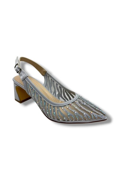 Cakgo Desire 343-26 Satin Silvery Stoned Short Thick Heel Women's Evening Dre...