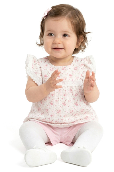 bebegen Baby Girl Pink and White Tiny Floral Patterned Scalloped Muslin Short...