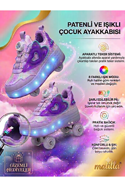 Matilla Işıklı Patenli Şarjlı Rahat kız erkek Çocuk Spor Ayakkabı