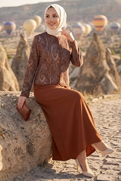 TOFİSA Patterned Jacket Skirt Set Brown - 28632-Brown