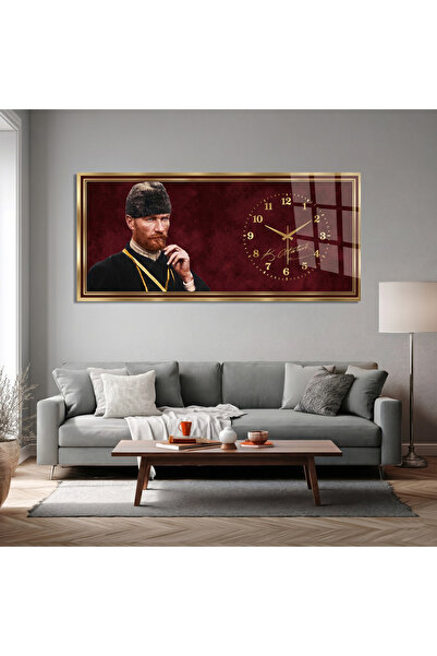 Olinpa KIRILMAZ CAM DUVAR SAATİ, HEM TABLO HEM SAAT ATATÜRK PORTRELİ BORDO GO...