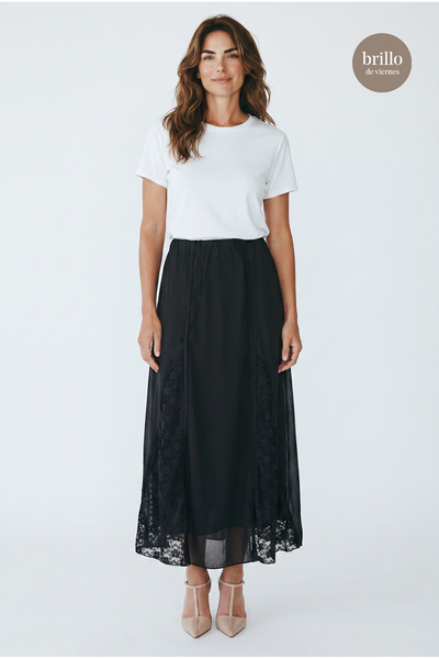 Fast Perry Black Lace-Guipure Detailed Midi Length Lined Skirt