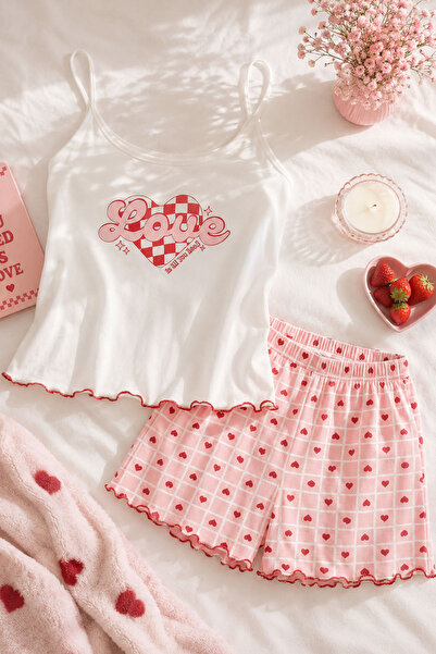 koza iç giyim Women's Thin Strap Patterned Cotton Shorts Pajama Set