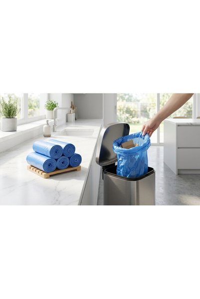 Larimar 100 Pieces Medium Size Garbage Bags 55X60 cm (5 Rolls) Thick Durable Blue Trash Bags for Home and Office Use