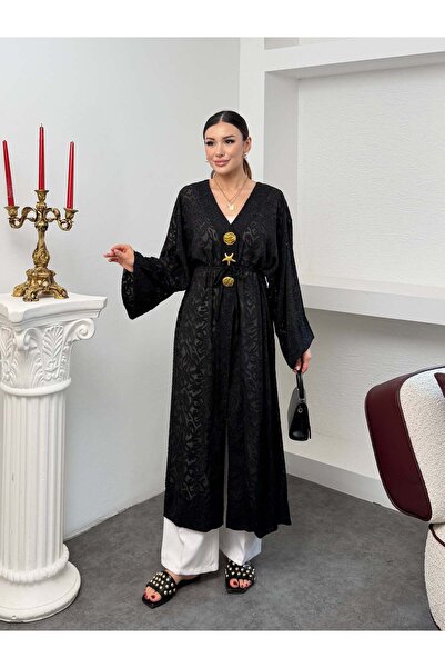 Hatun Atila Kadın V Yaka Belden Bağlamalı Gold Detaylı Geniş Kol Jakarlı Dese...