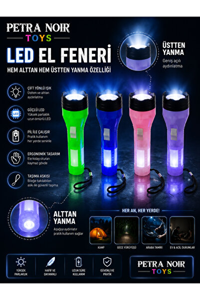 Petra Noir Toys Taşınabilir LED El Feneri – Askılı, Yan Işıklı (Karışık Renkler)