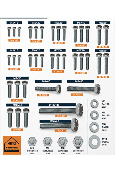 Netzerkoz 1550 parça 24 çeşit Cıvata Somun Pul Seti - M5, M6, M8, M10 Altıgen...