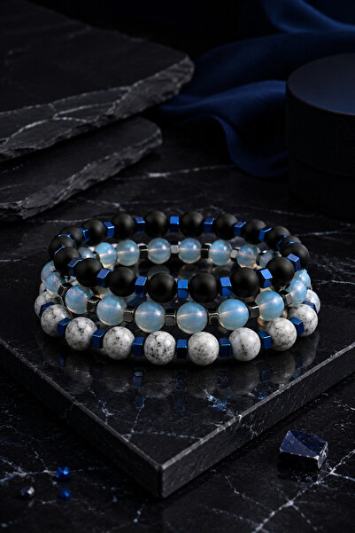 Sortie Aksesuar Erkek 3'lü Doğal Taş Bileklik Kombin Seti - Mat Oniks, Lapis Lazuli ve Buzlu Quartz Mavi Hematit Detaylı Unisex Premium Boncuk Bileklik