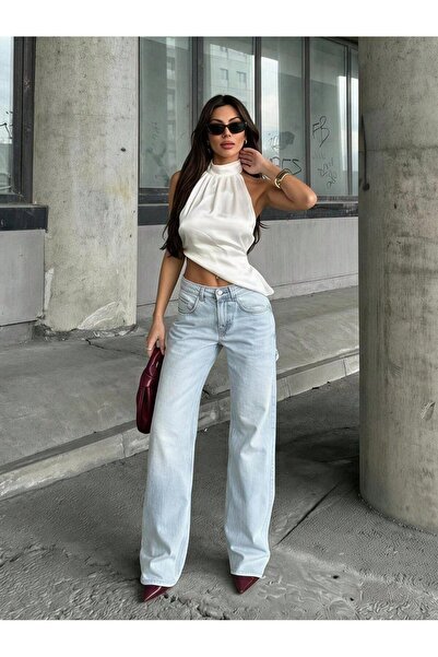 HerTon Pantaloni de damă din denim cu talie înaltă, croială largă, cu design ...